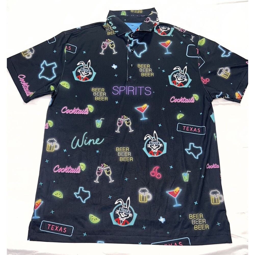 Horn Legend Polo Shirt Mens Size M Black Specs Texas Neon Cocktails Beer Golf